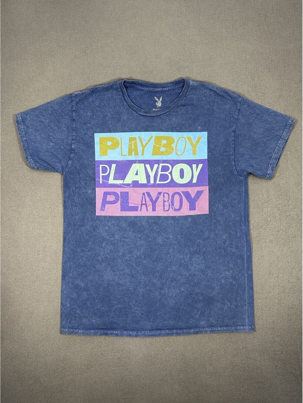 Men’s Playboy Graphic T Shirt Large Blue Acid Wash Logo Streetwear Tee